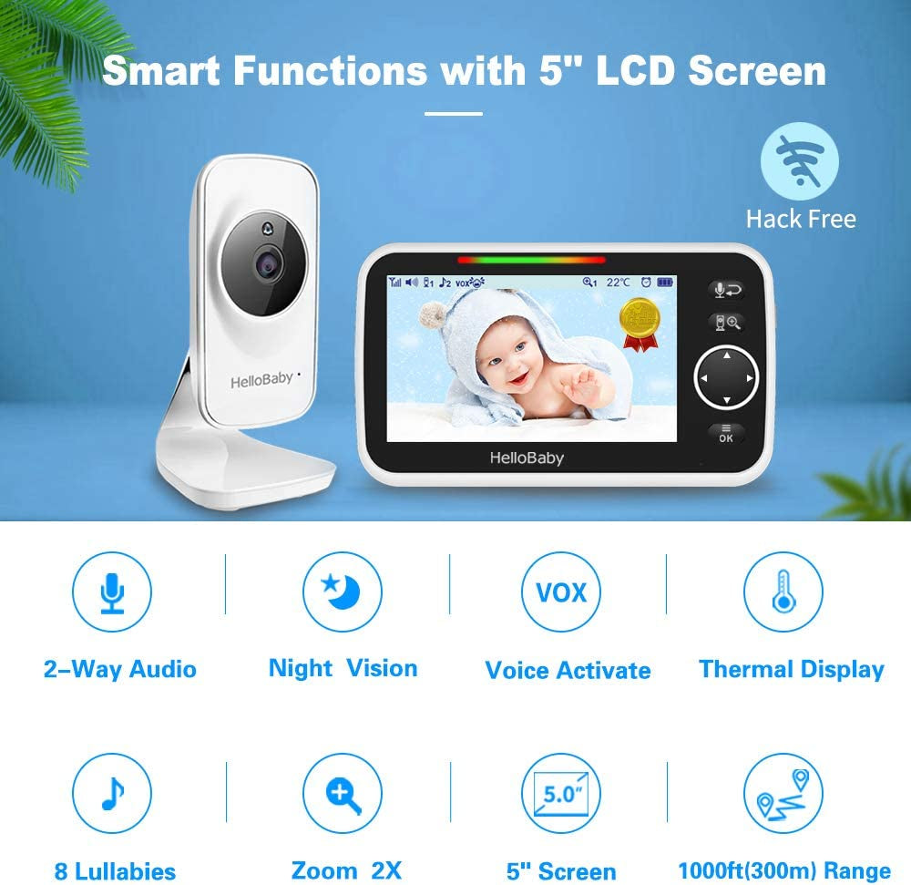 Monitor, Video Baby Monitor with Camera and Audio, 5β Large Display No Hacking Risks, Bright Night Vision, 2-Way Talk, Temperature, 8 Lullabies and 1000Ft Long Range