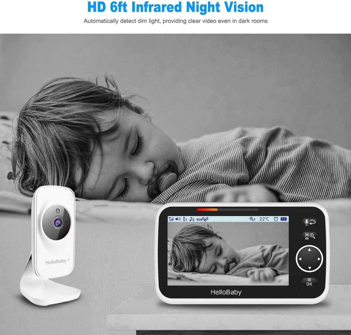 Monitor, Video Baby Monitor with Camera and Audio, 5β Large Display No Hacking Risks, Bright Night Vision, 2-Way Talk, Temperature, 8 Lullabies and 1000Ft Long Range