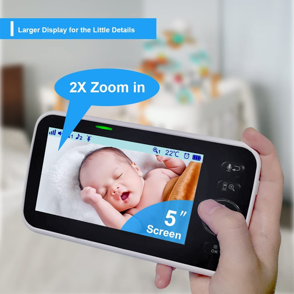 Monitor, Video Baby Monitor with Camera and Audio, 5β Large Display No Hacking Risks, Bright Night Vision, 2-Way Talk, Temperature, 8 Lullabies and 1000Ft Long Range