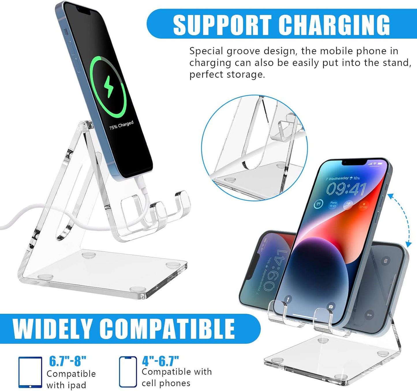 Acrylic Cell Phone Stand for Desk, Phone Holder for Office, Portable Phone Holder, Compatible with Iphone15 14 13 12 11 Pro XS Max XR 8 7 6S Plus, Samsung S20+ Note10, Tablets(1Pack)