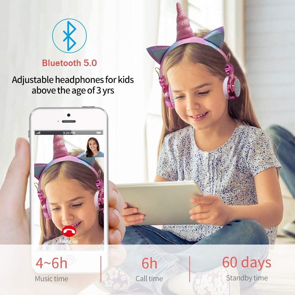 Kids Unicorn Headphones for Girls - Wireless Bluetooth Headset with Mic, Adjustable Headband, over Ear for Smartphones/School/Kindle/Tablet/Pc (Pink)
