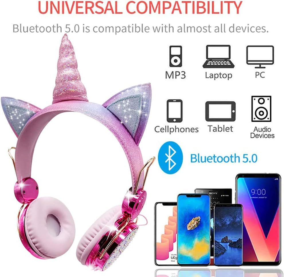 Kids Unicorn Headphones for Girls - Wireless Bluetooth Headset with Mic, Adjustable Headband, over Ear for Smartphones/School/Kindle/Tablet/Pc (Pink)
