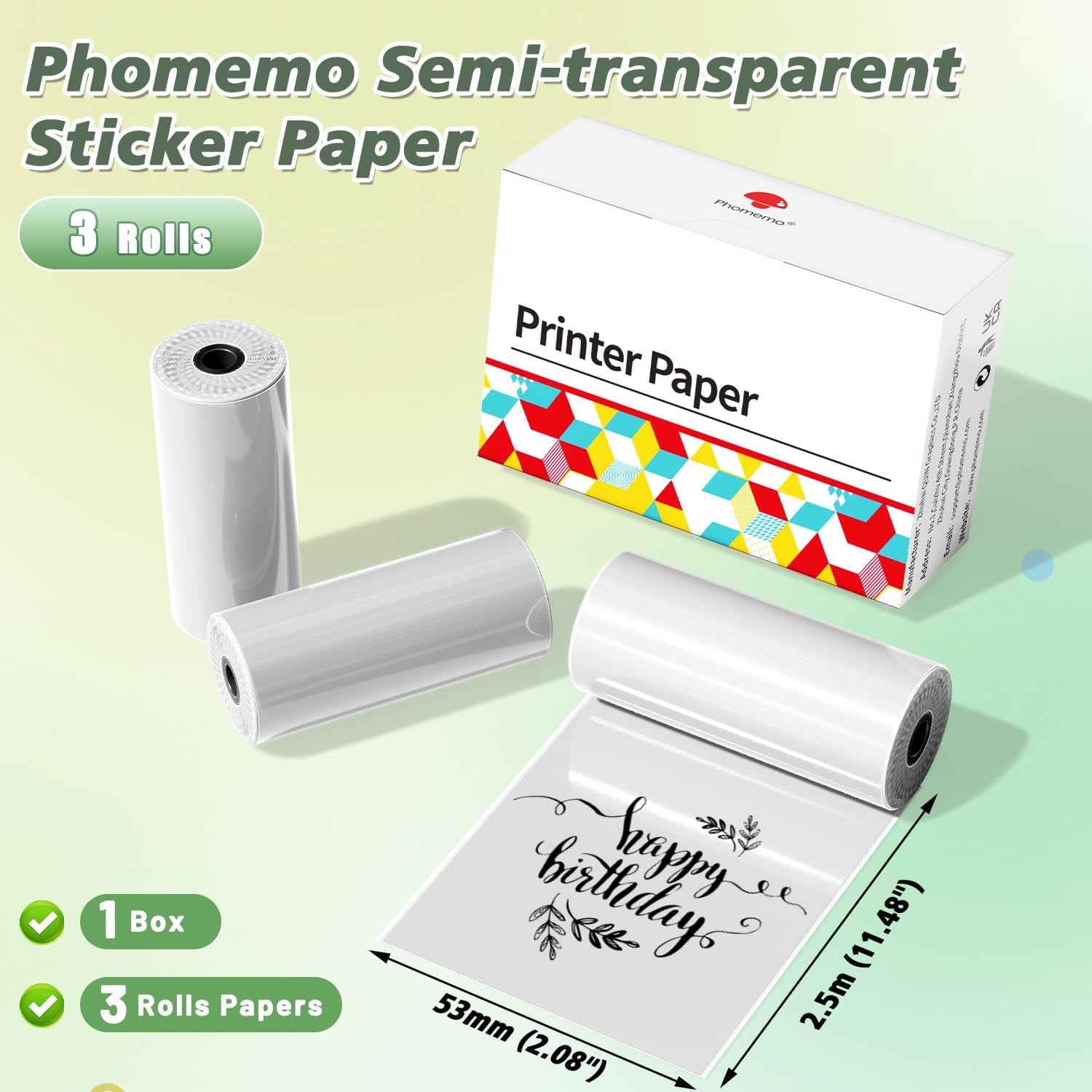 Semitransparent Self-Adhesive Thermal Paper, Glossy Printable Sticker Paper Label for  M02/M02 Pro/M02S/P2S/M03/M04S Mini Sticker Printer, 50Mm X 3.5M, Diameter 28Mm, 3-Rolls