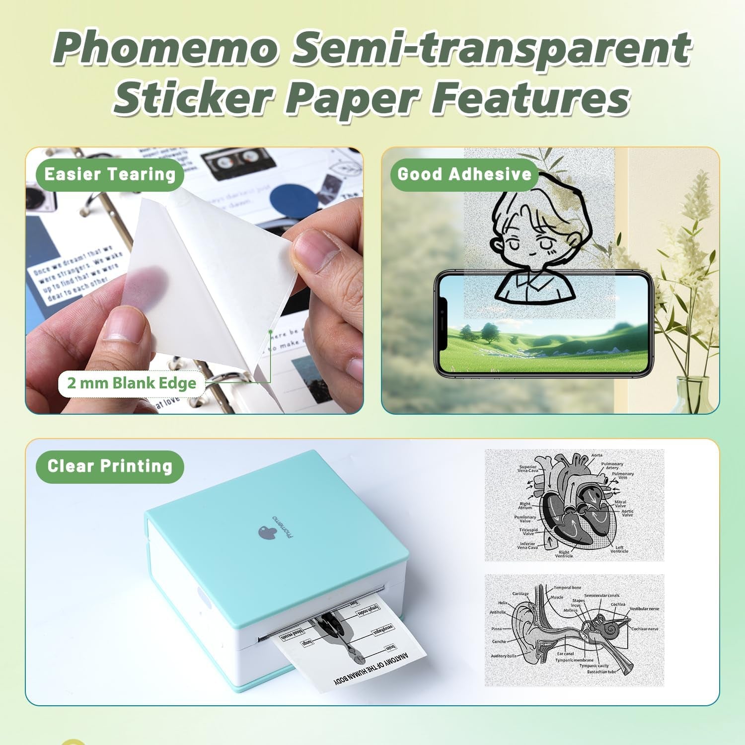 Semitransparent Self-Adhesive Thermal Paper, Glossy Printable Sticker Paper Label for  M02/M02 Pro/M02S/P2S/M03/M04S Mini Sticker Printer, 50Mm X 3.5M, Diameter 28Mm, 3-Rolls