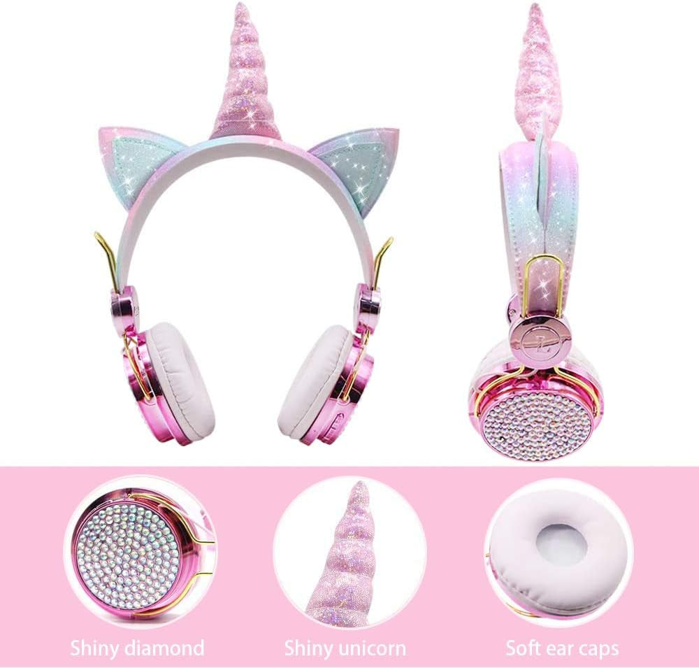 Kids Unicorn Headphones for Girls - Wireless Bluetooth Headset with Mic, Adjustable Headband, over Ear for Smartphones/School/Kindle/Tablet/Pc (Pink)