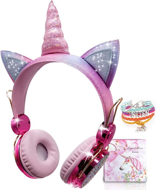 Kids Unicorn Headphones for Girls - Wireless Bluetooth Headset with Mic, Adjustable Headband, over Ear for Smartphones/School/Kindle/Tablet/Pc (Pink)