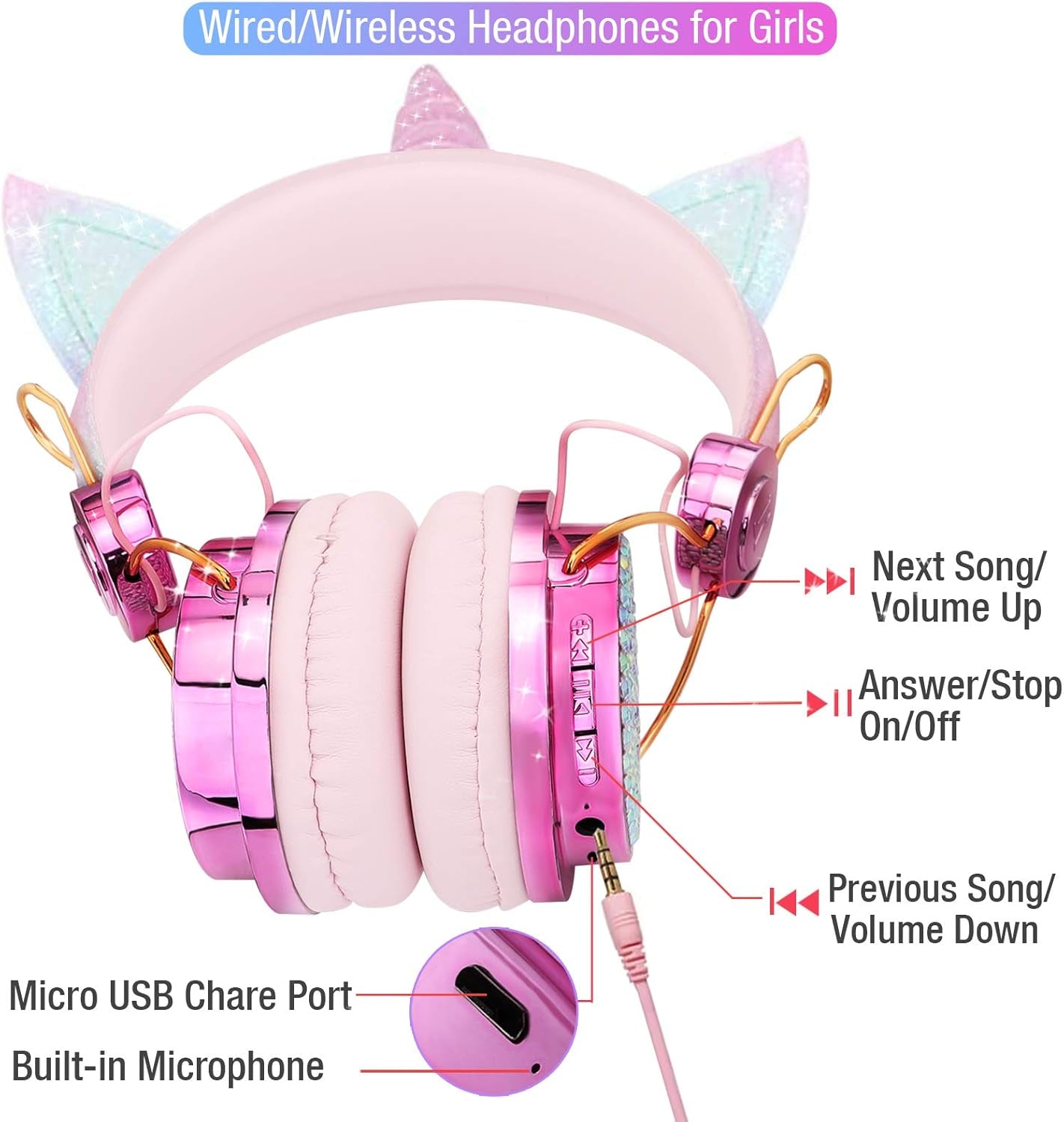 Kids Unicorn Headphones for Girls - Wireless Bluetooth Headset with Mic, Adjustable Headband, over Ear for Smartphones/School/Kindle/Tablet/Pc (Pink)